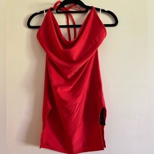 Never used it, kinda short for me ,Red , satin material, mini dress